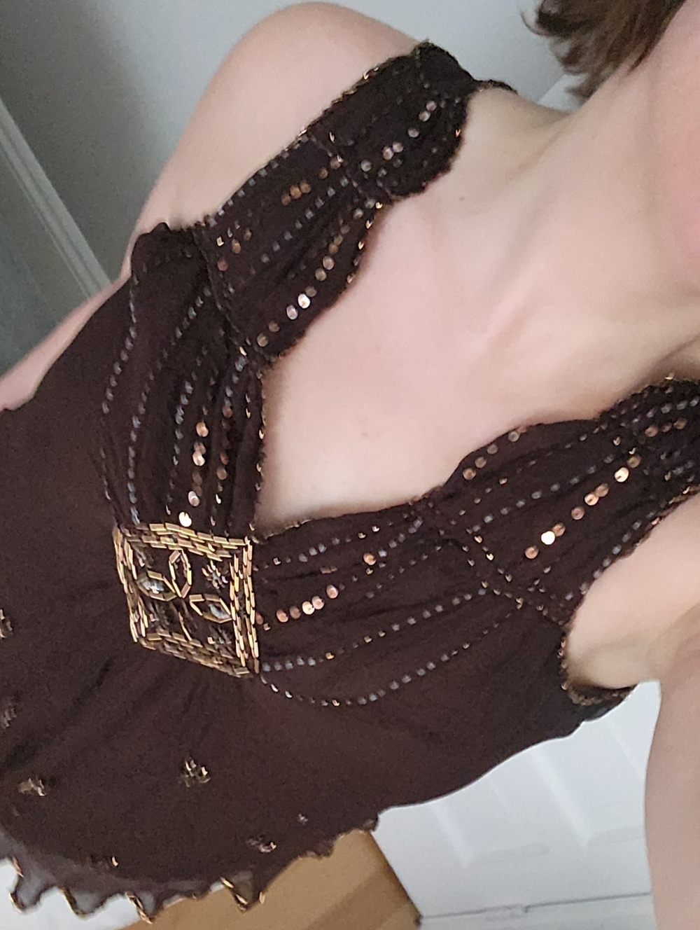 Embellished Brown And Gold Sleeveless Top